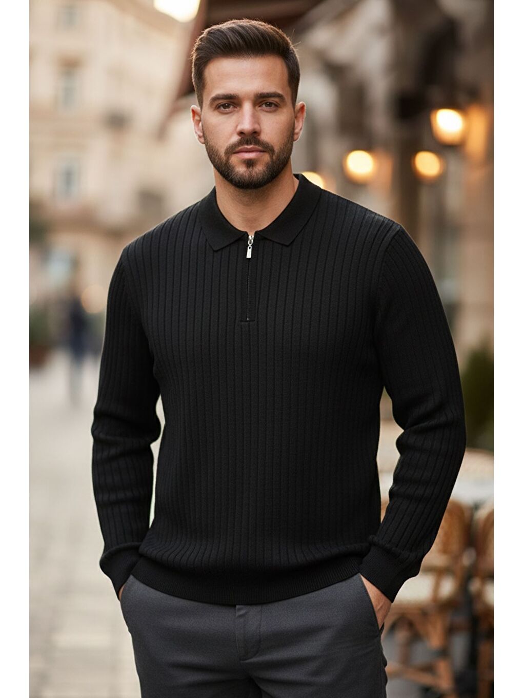 Siyah Erkek Polo Yaka Yarım Fermuarlı Kendinden Çizgi Desenli Triko Kazak