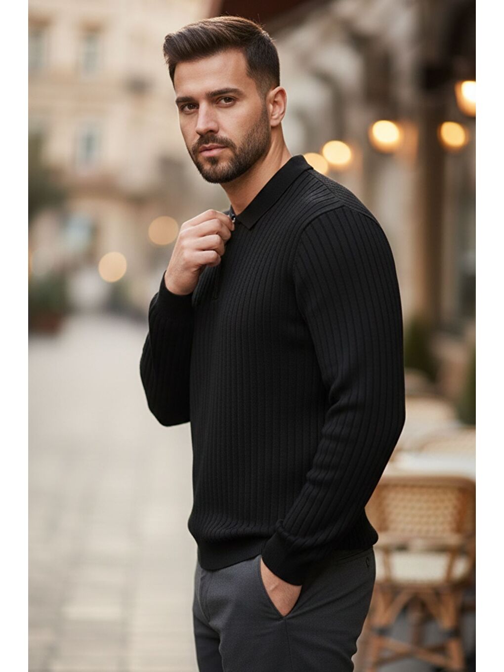 Siyah Erkek Polo Yaka Yarım Fermuarlı Kendinden Çizgi Desenli Triko Kazak-1