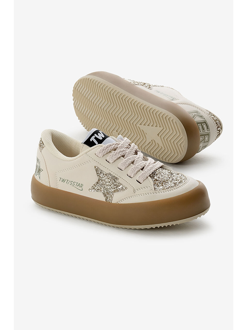 Ekru Çocuk Unisex Krem Termo Taban Yıldız Detaylı Bağcıklı ve Cırtlı Spor Ayakkabı-3