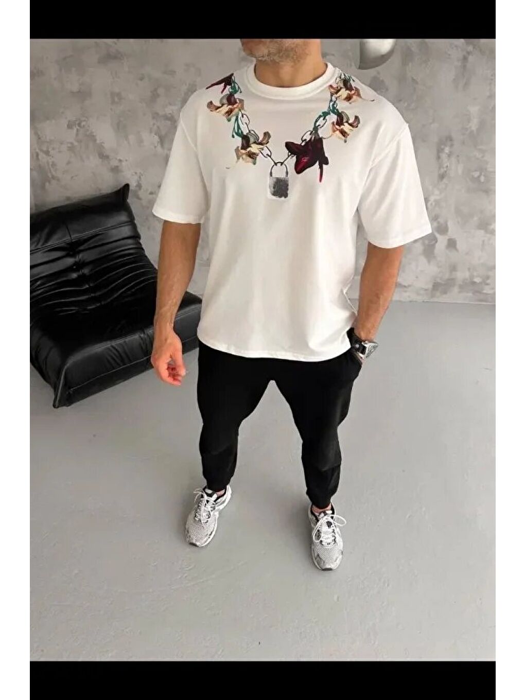Beyaz Erkek Baskılı Tişört-2
