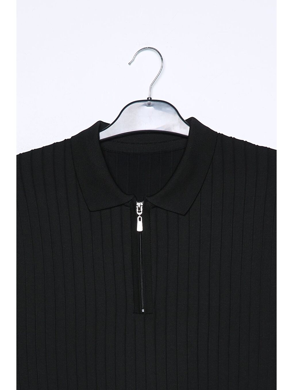 Siyah Erkek Polo Yaka Yarım Fermuarlı Kendinden Çizgi Desenli Triko Kazak-3