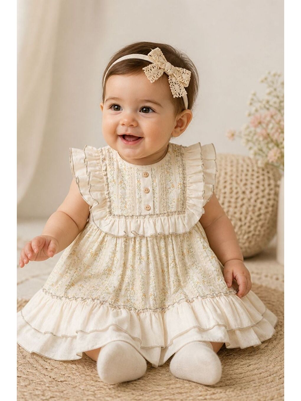 Ekru Nostaljik Çiçek Desenli Bebek Elbise Ve Dantel Bandana Seti-2