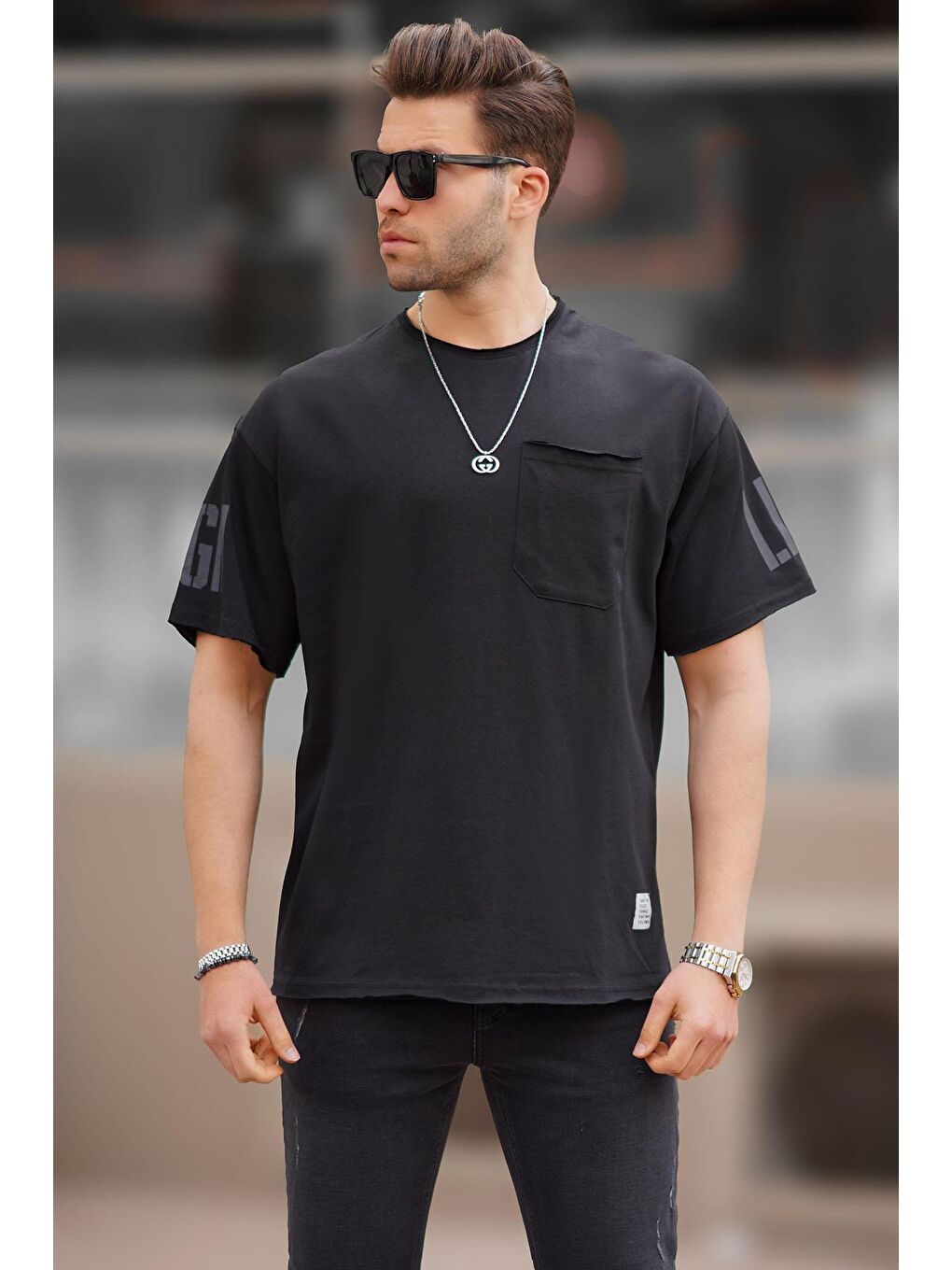 Siyah Cep Detaylı Kolu Baskılı Basic Erkek %100 Pamuk Tişört 7016-1