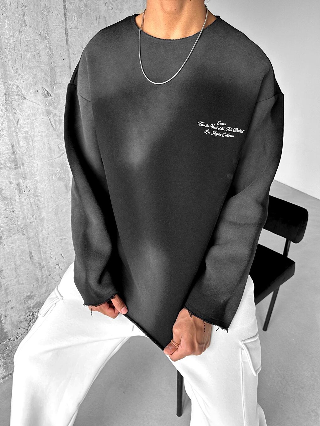 Erkek Oversize Smoke Baskılı Sweatshirt Siyah