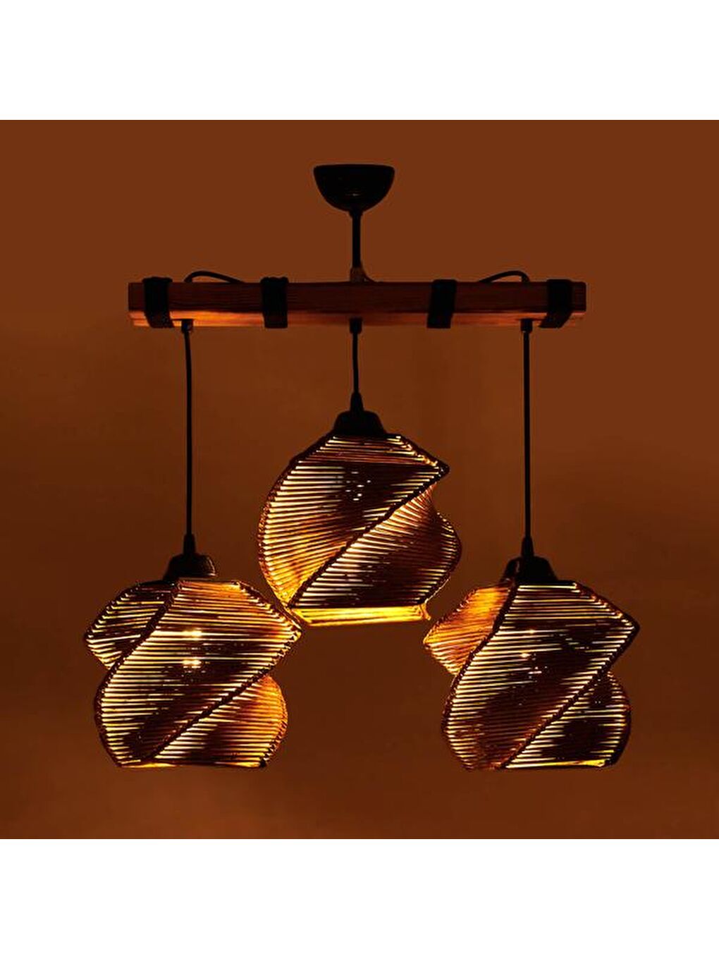 Popart 3'lü Ahşap Avize - Kahverengi-3