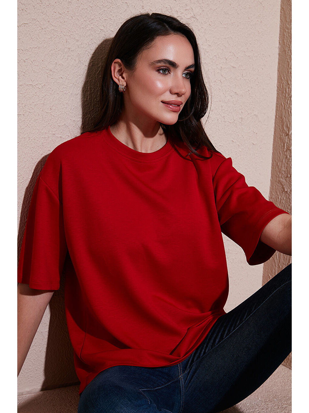 Kırmızı Streç Oversize Fit Bisiklet Yaka Kadın T Shirt 5865911