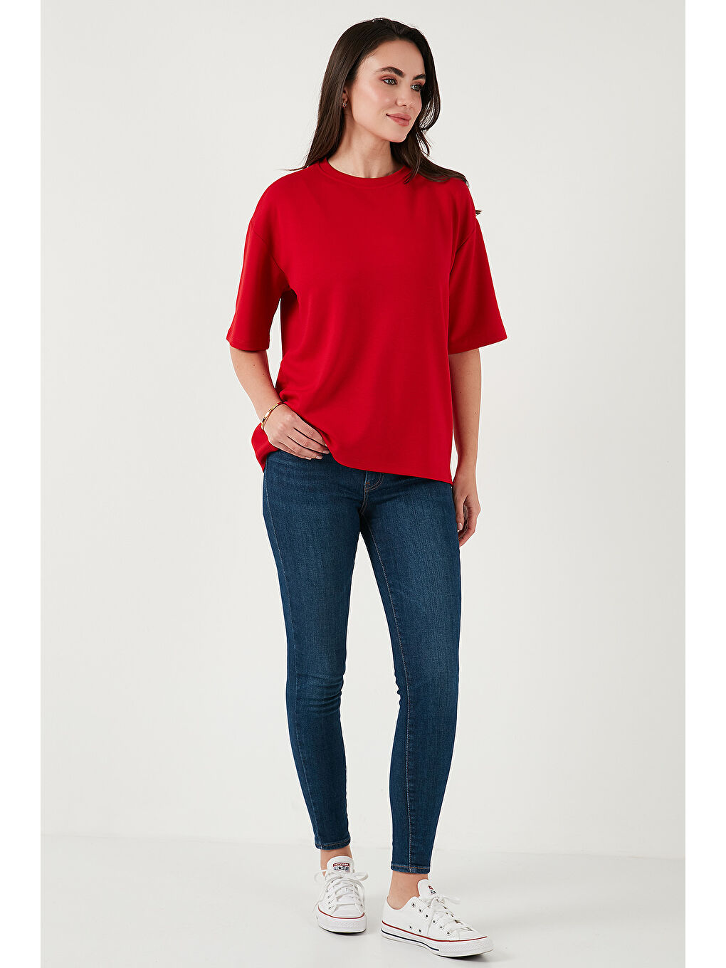 Kırmızı Streç Oversize Fit Bisiklet Yaka Kadın T Shirt 5865911-1