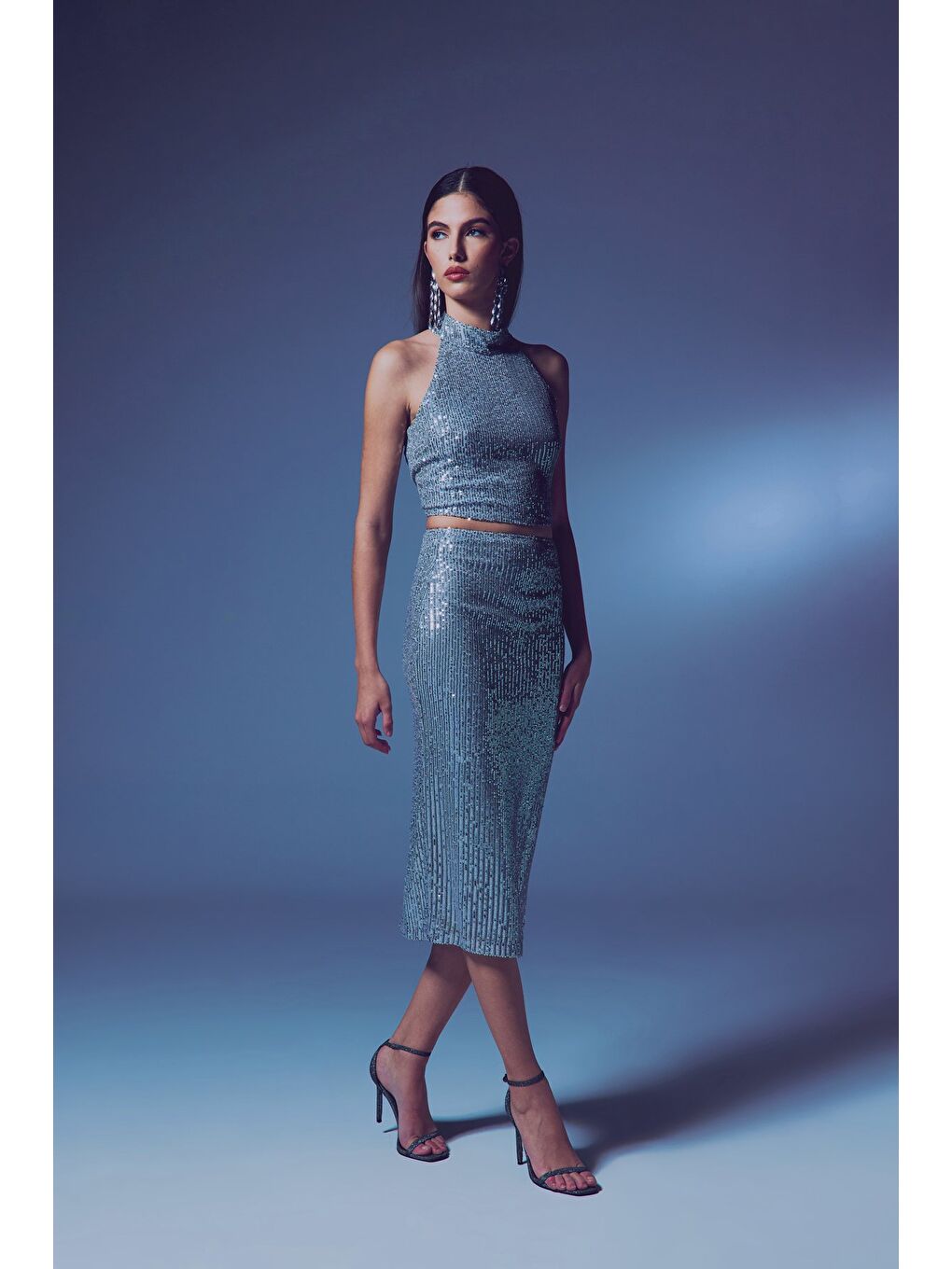 Gri Payet Detaylı Kalem Etek - Gümüş-1