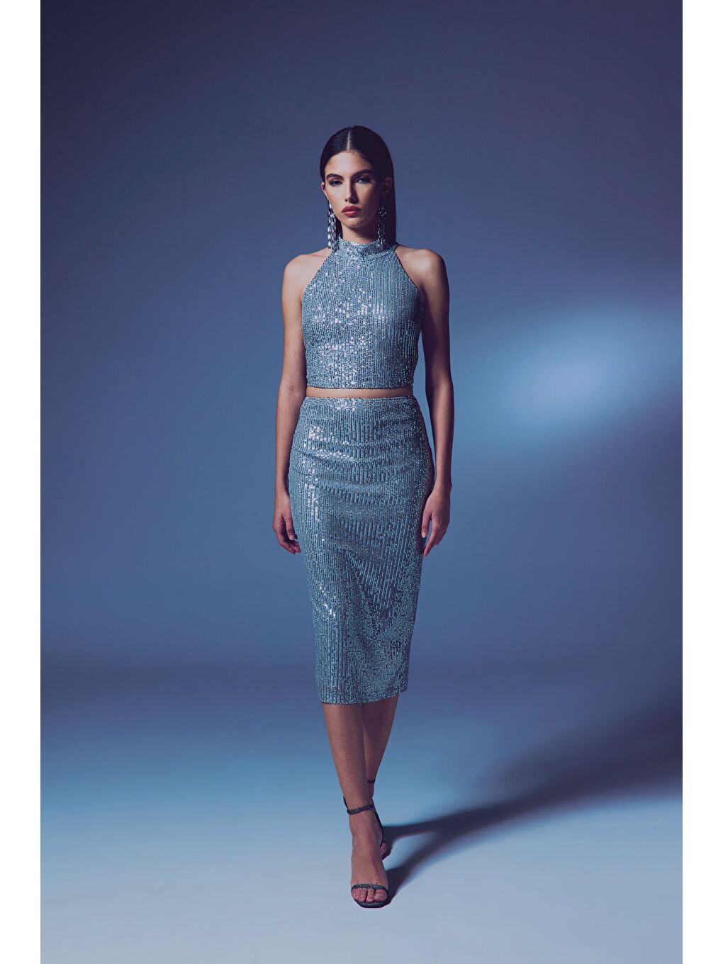 Gri Payet Detaylı Kalem Etek - Gümüş-2