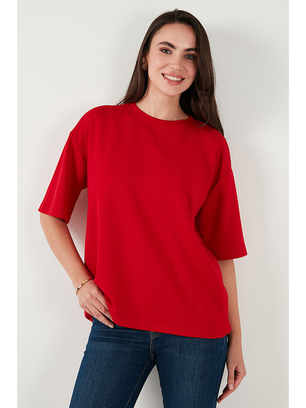 Kırmızı Streç Oversize Fit Bisiklet Yaka Kadın T Shirt 5865911-3