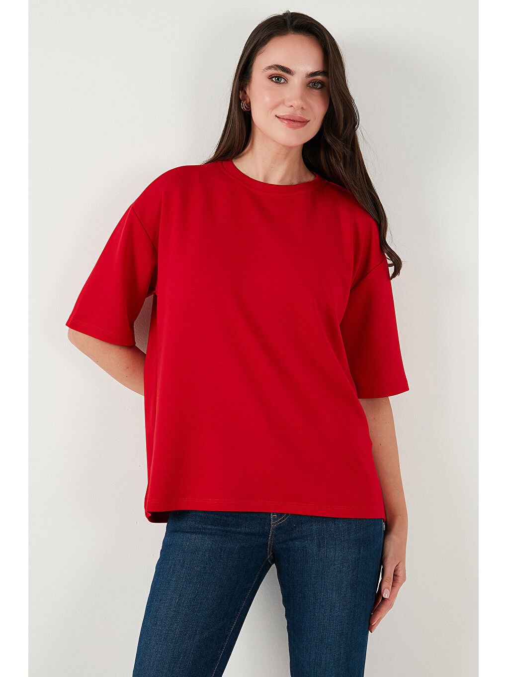 Kırmızı Streç Oversize Fit Bisiklet Yaka Kadın T Shirt 5865911-4