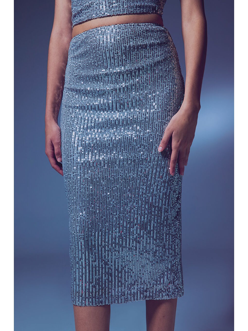 Gri Payet Detaylı Kalem Etek - Gümüş-3