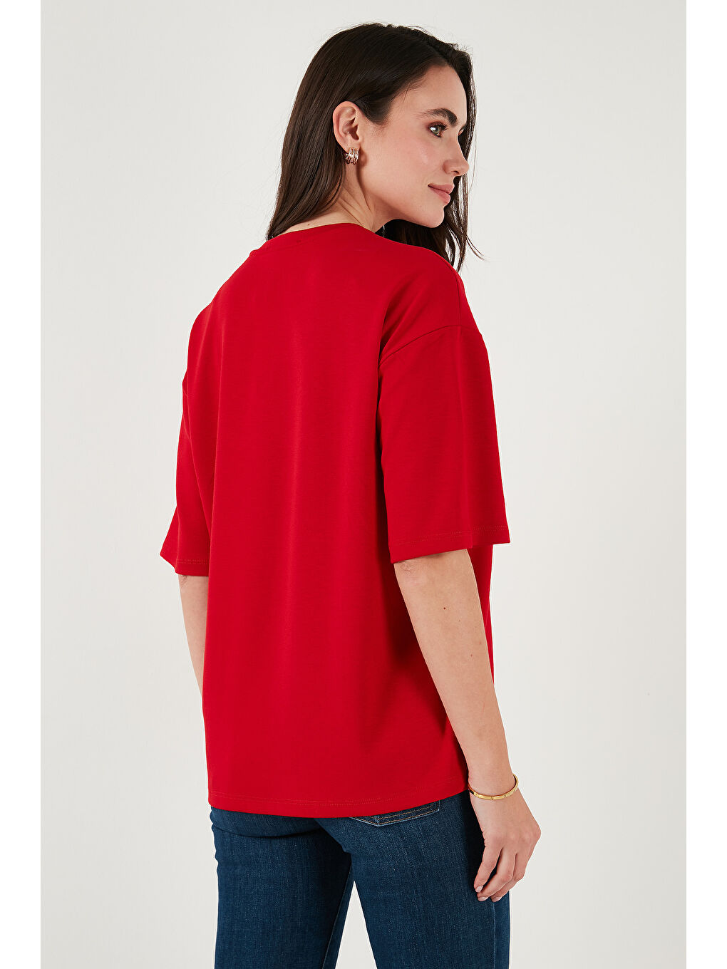 Kırmızı Streç Oversize Fit Bisiklet Yaka Kadın T Shirt 5865911-5