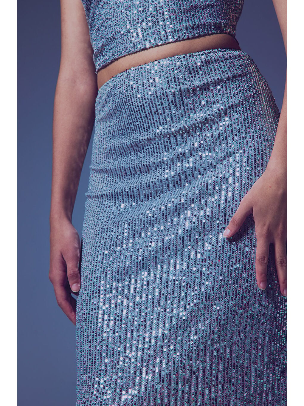 Gri Payet Detaylı Kalem Etek - Gümüş-4