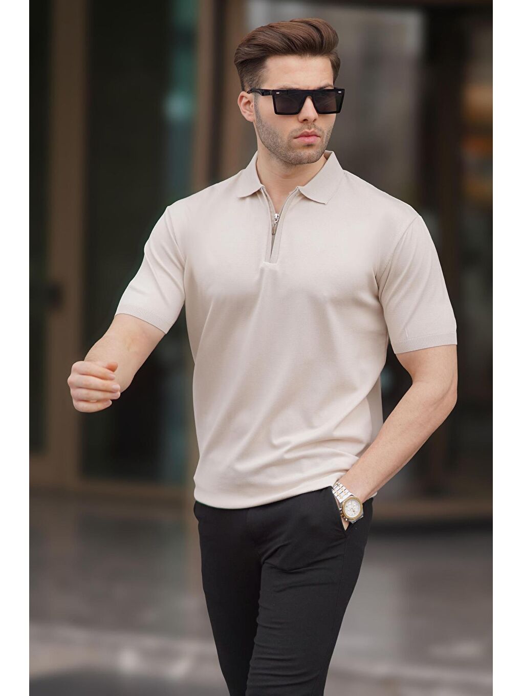 Bej Fermuar Detaylı Polo Yaka Triko Tişört 6885