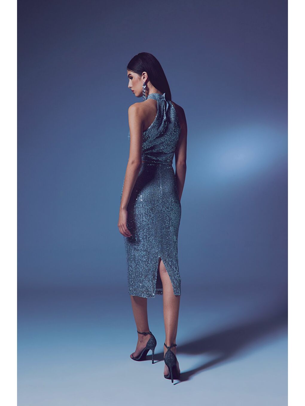 Gri Payet Detaylı Kalem Etek - Gümüş-5