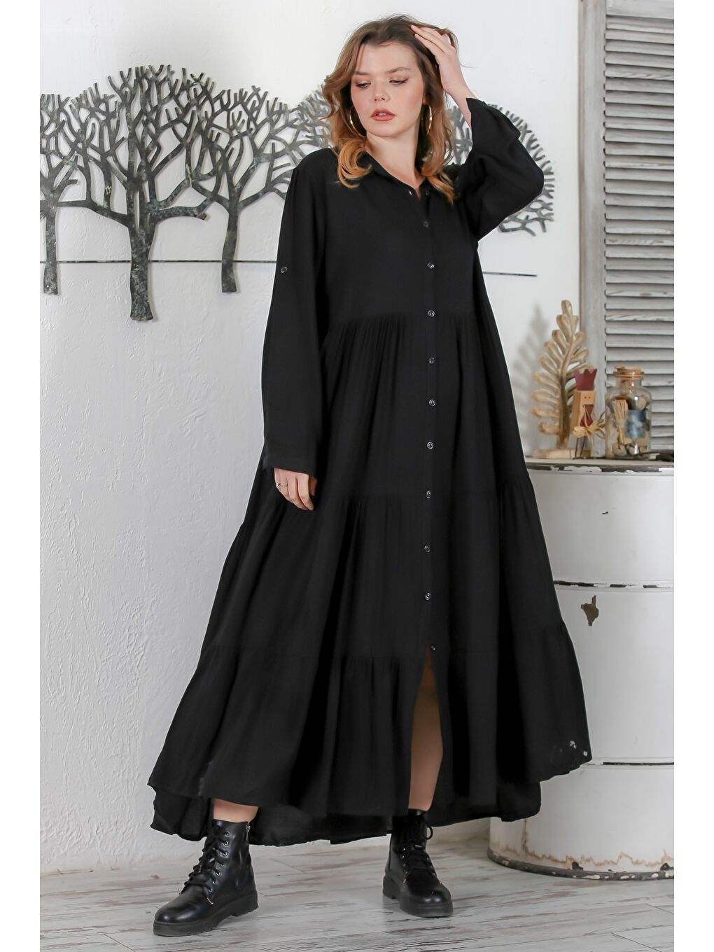 Siyah Gömlek Yaka Düğmeli Uzun Kollu Etek Ucu Fırfırlı Casual Dokuma Elbise 145 60-1