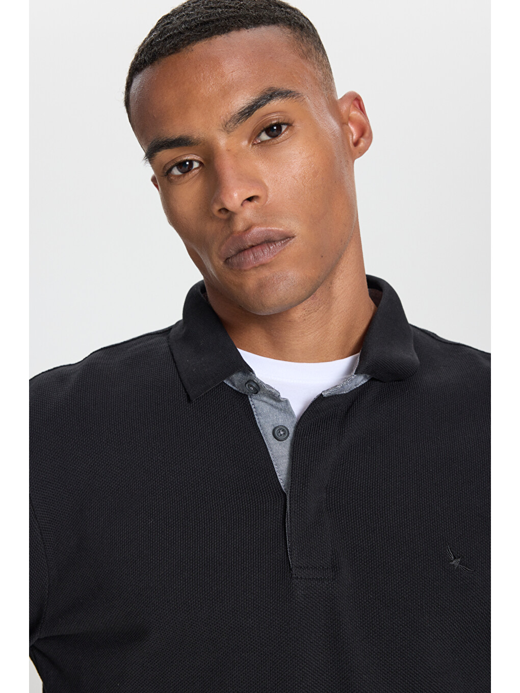 Erkek Siyah %100 Pamuk Slim Fit Dar Kesim Polo Yaka Uzun Kollu Tişört-3