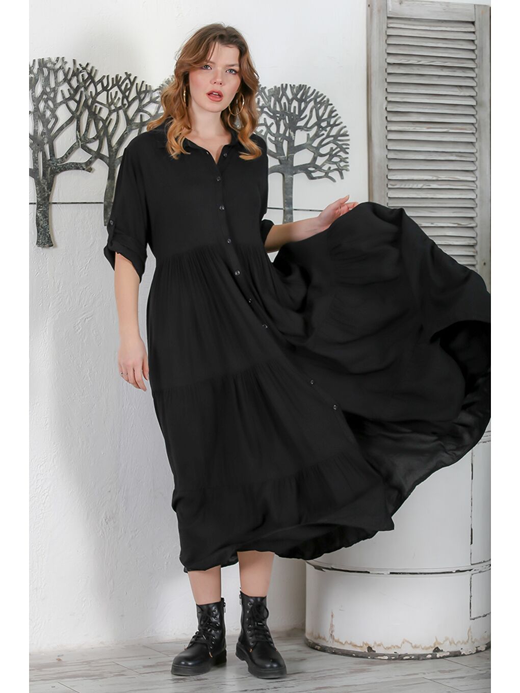 Siyah Gömlek Yaka Düğmeli Uzun Kollu Etek Ucu Fırfırlı Casual Dokuma Elbise 145 60-4