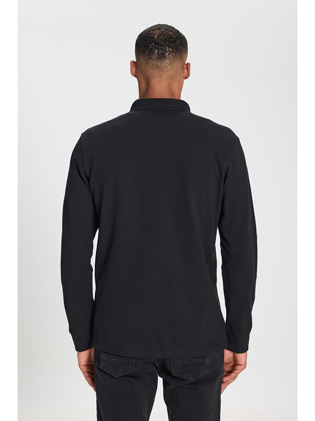 Erkek Siyah %100 Pamuk Slim Fit Dar Kesim Polo Yaka Uzun Kollu Tişört-4