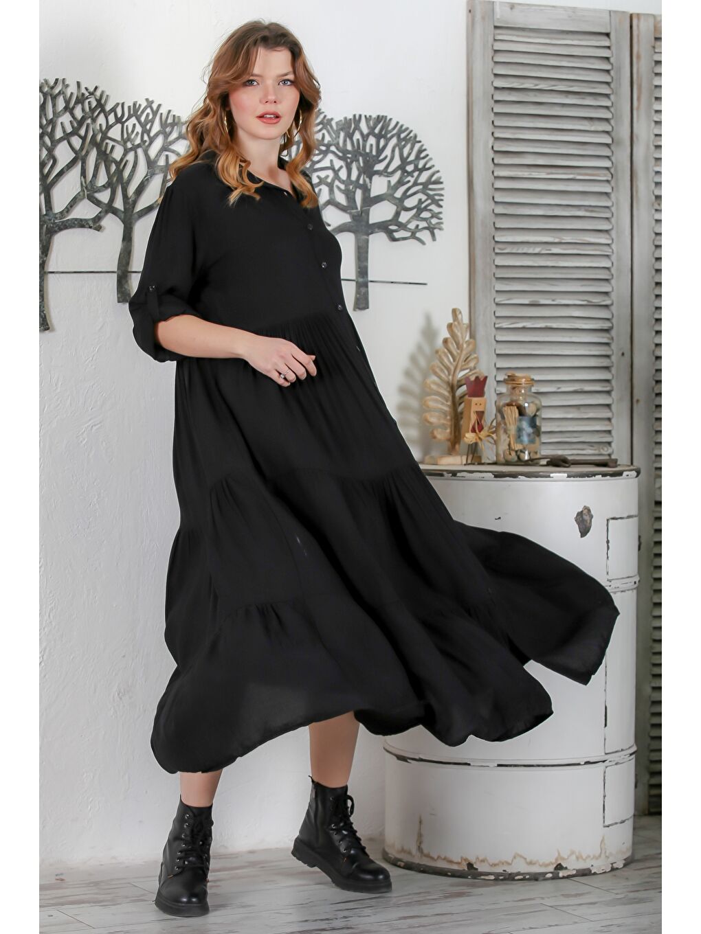 Siyah Gömlek Yaka Düğmeli Uzun Kollu Etek Ucu Fırfırlı Casual Dokuma Elbise 145 60-5