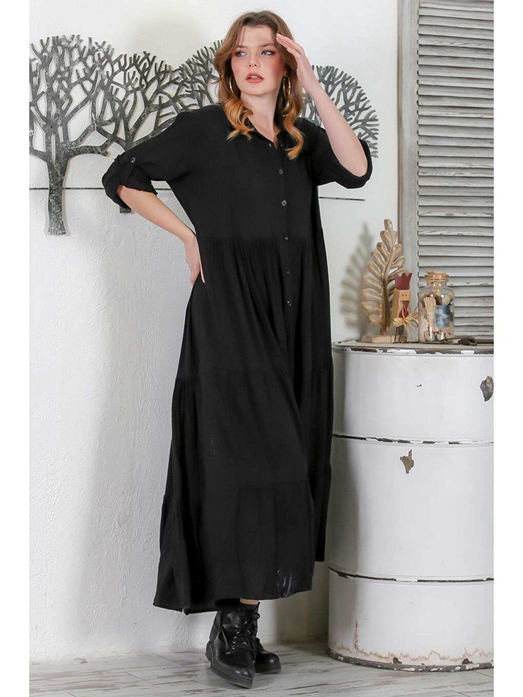 Siyah Gömlek Yaka Düğmeli Uzun Kollu Etek Ucu Fırfırlı Casual Dokuma Elbise 145 60-6
