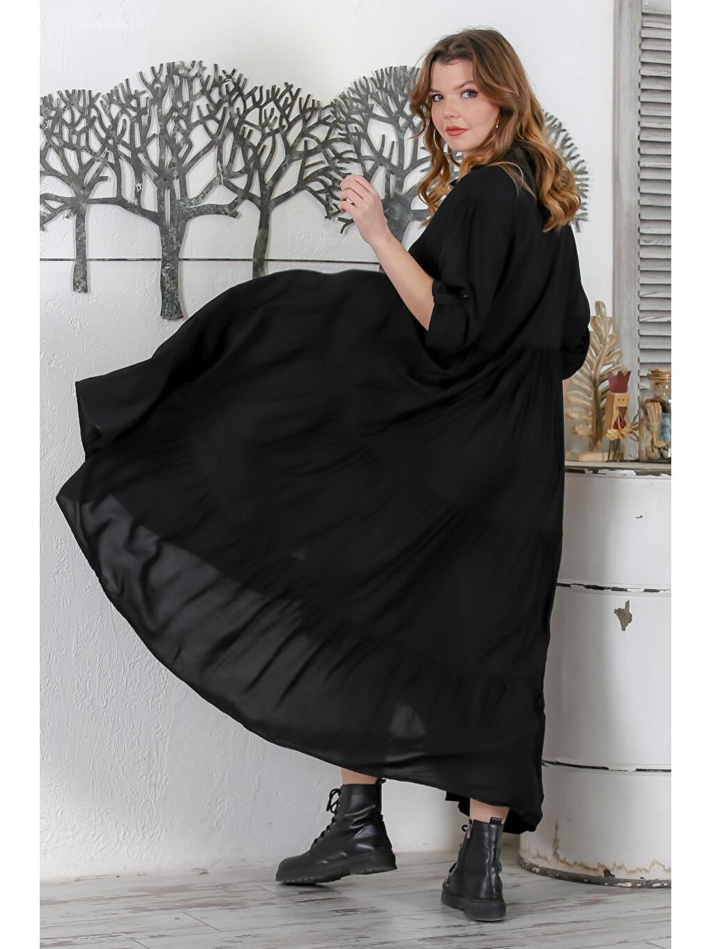 Siyah Gömlek Yaka Düğmeli Uzun Kollu Etek Ucu Fırfırlı Casual Dokuma Elbise 145 60-7