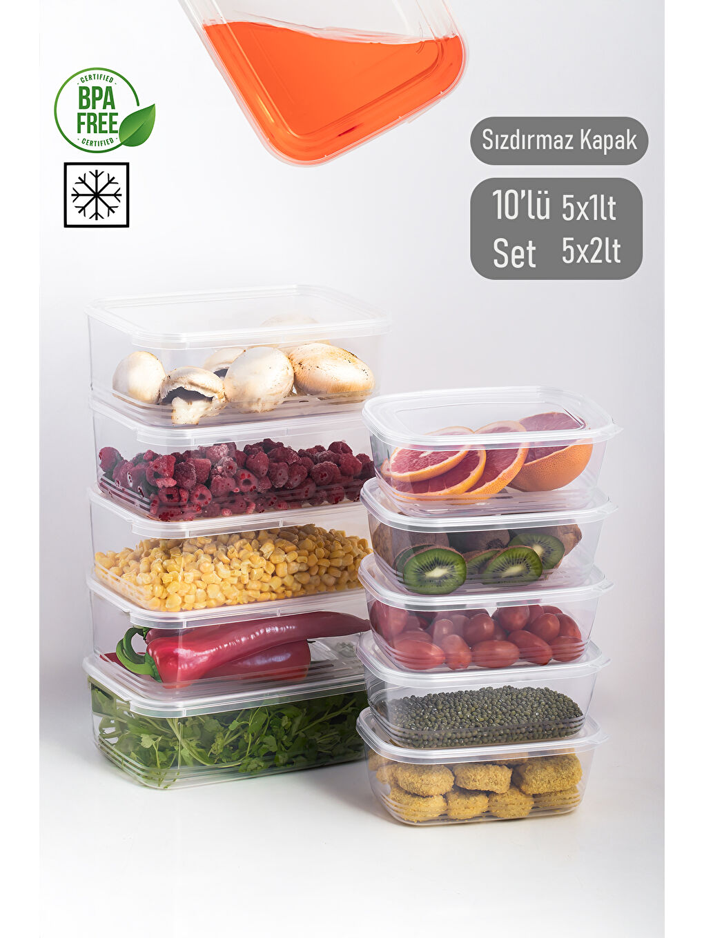 Renksiz 4302 10'lu Buzluk Düzenleyici Kendinden Kapaklı Derin Dondurucu Saklama Kabı 1Lt 2Lt Şeffaf