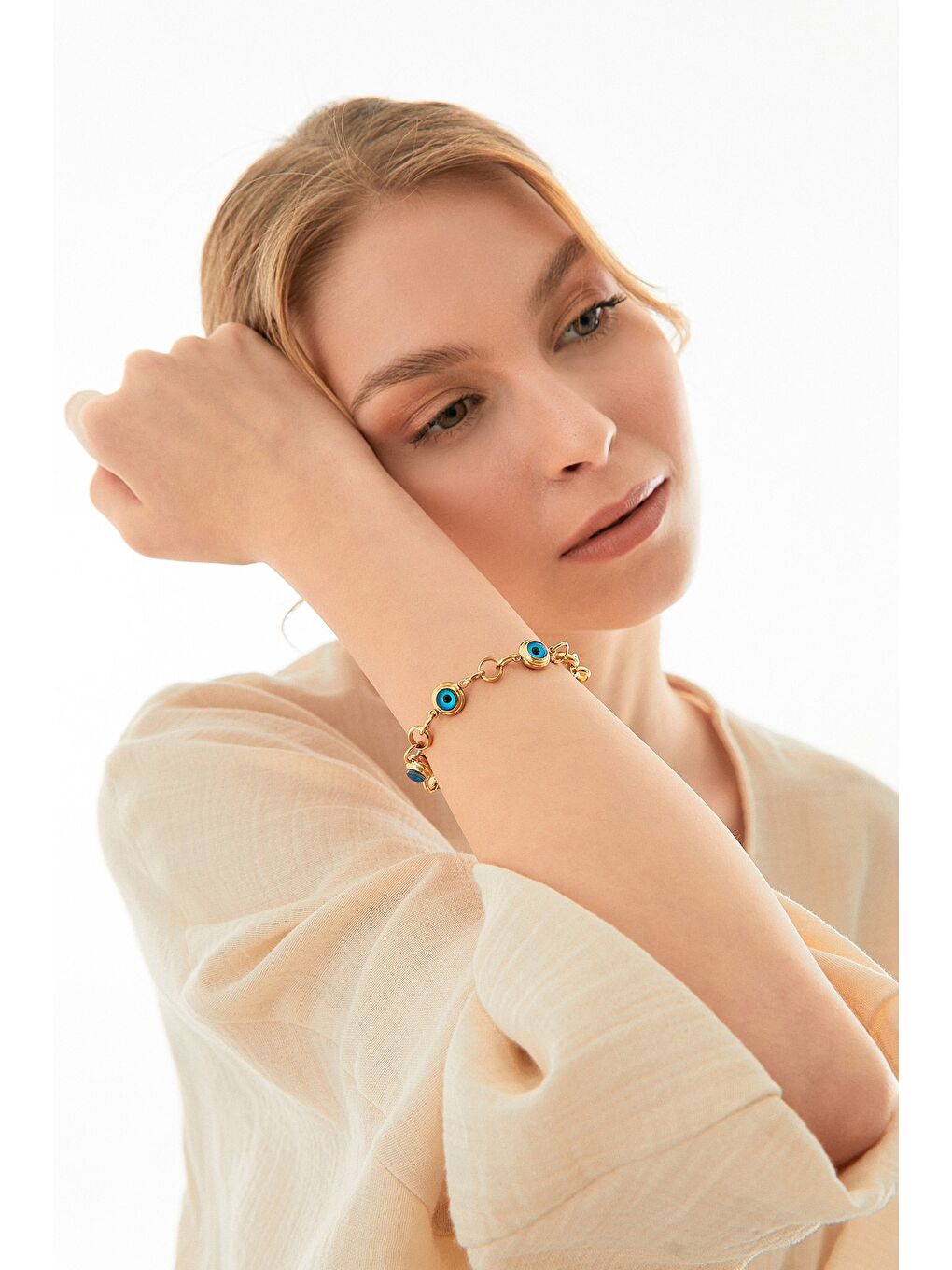 Sarı Nazar Boncuklu Çelik Bileklik-4