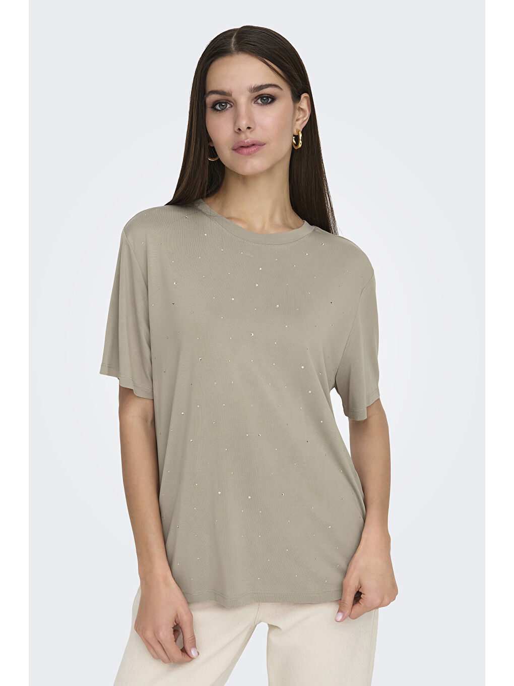 Bej Onlfree Taşlı Regular Fit Bisiklet Yaka T Shirt 15343270-2