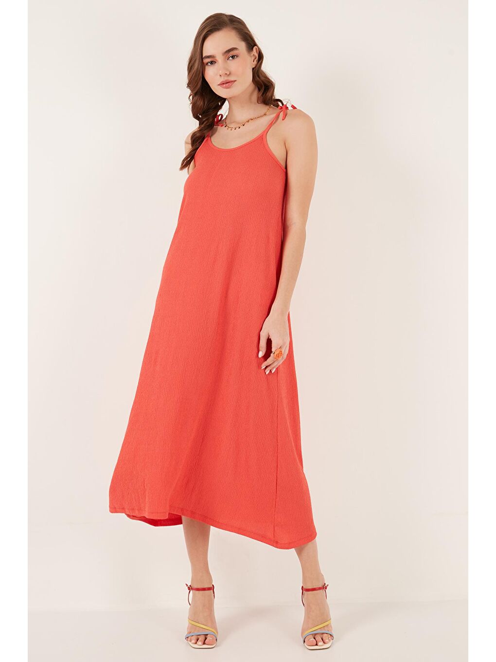 Kırmızı Regular Fit İp Askılı Uzun Kadın Elbise 5865732-4