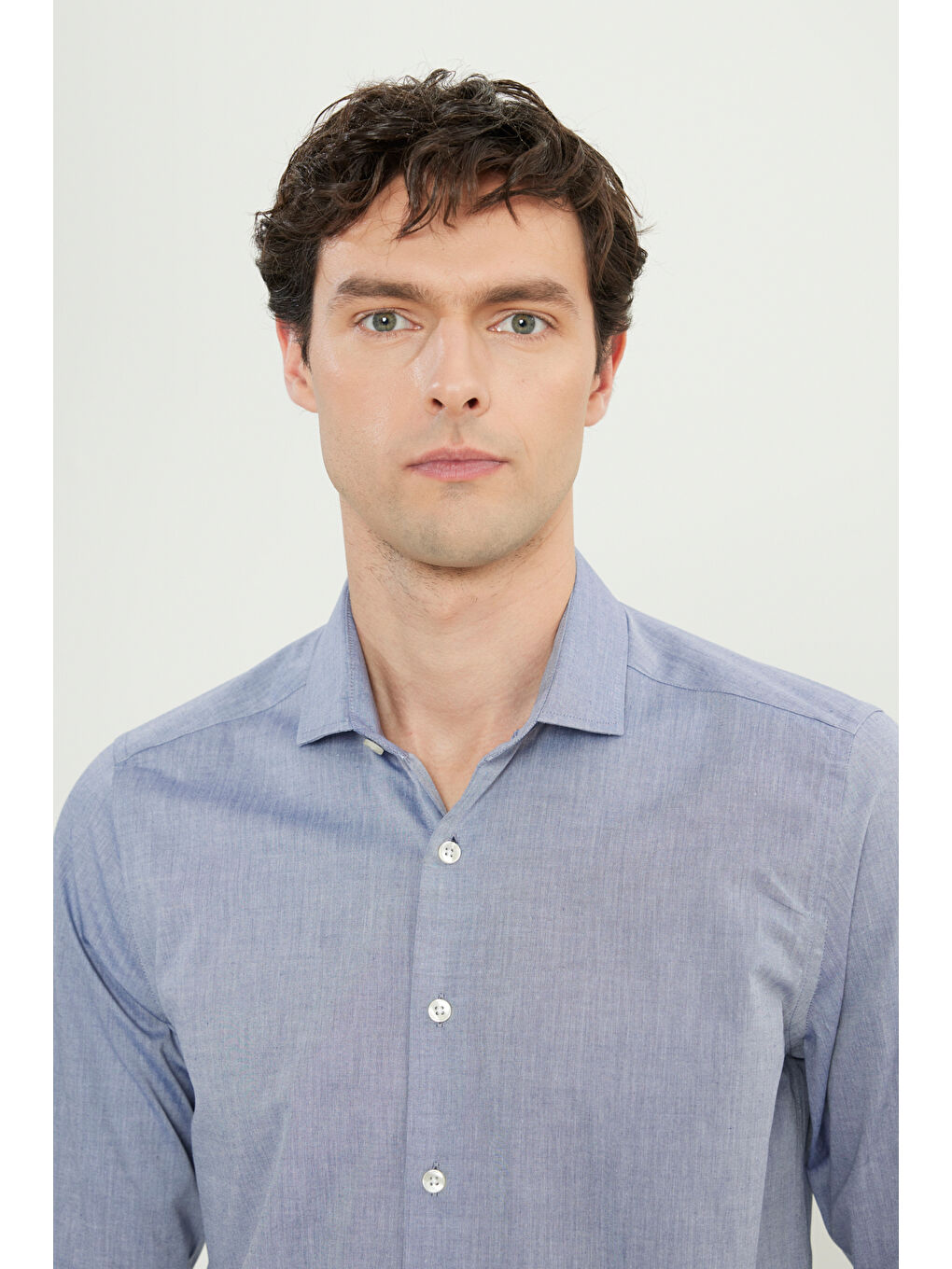 Erkek Lacivert Flamlı Slim Fit Dar Kesim Düğmeli Yaka Gömlek-4