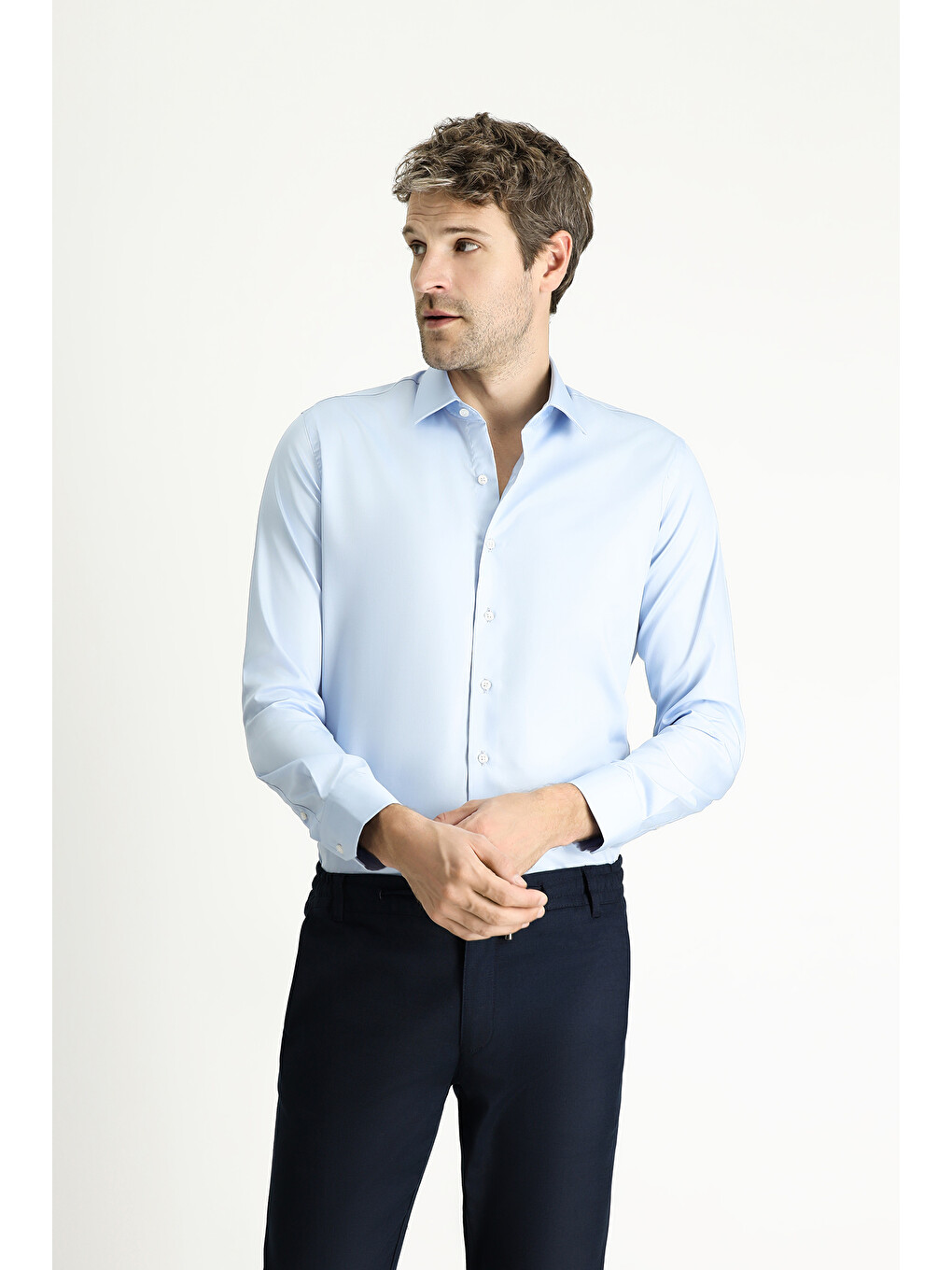 Mavi Uzun Kol Slim Fit Dar Kesim Klasik Non Iron Saten Pamuklu Gömlek