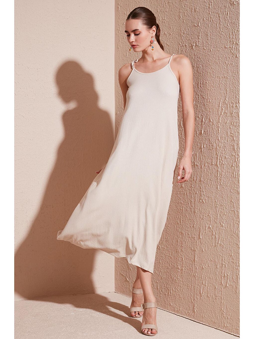 Bej Regular Fit İp Askılı Uzun Kadın Elbise 5865732