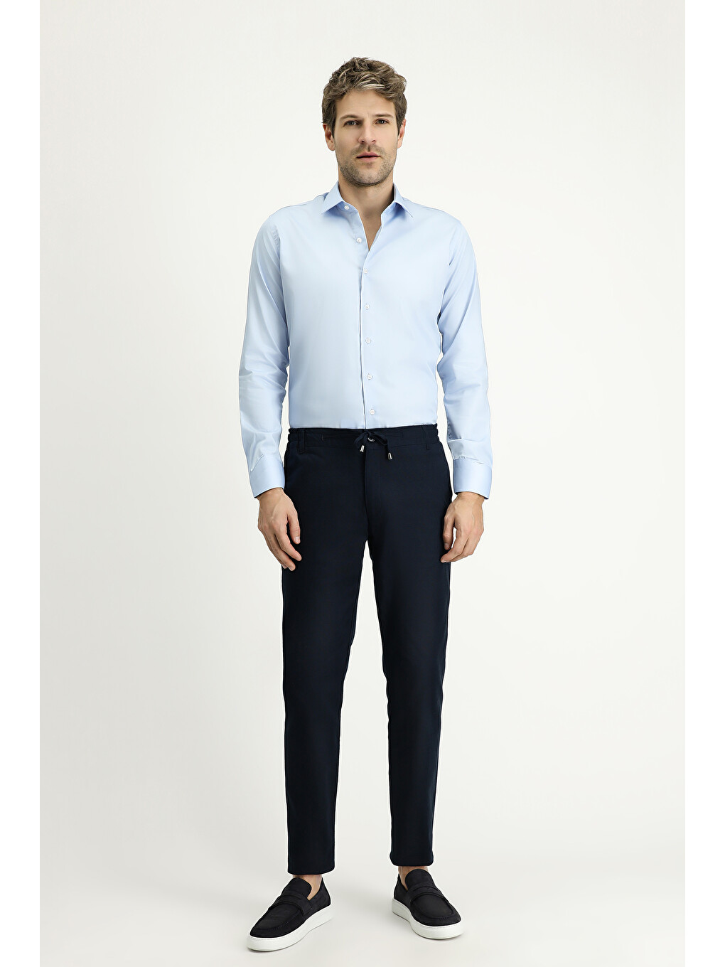 Mavi Uzun Kol Slim Fit Dar Kesim Klasik Non Iron Saten Pamuklu Gömlek-1