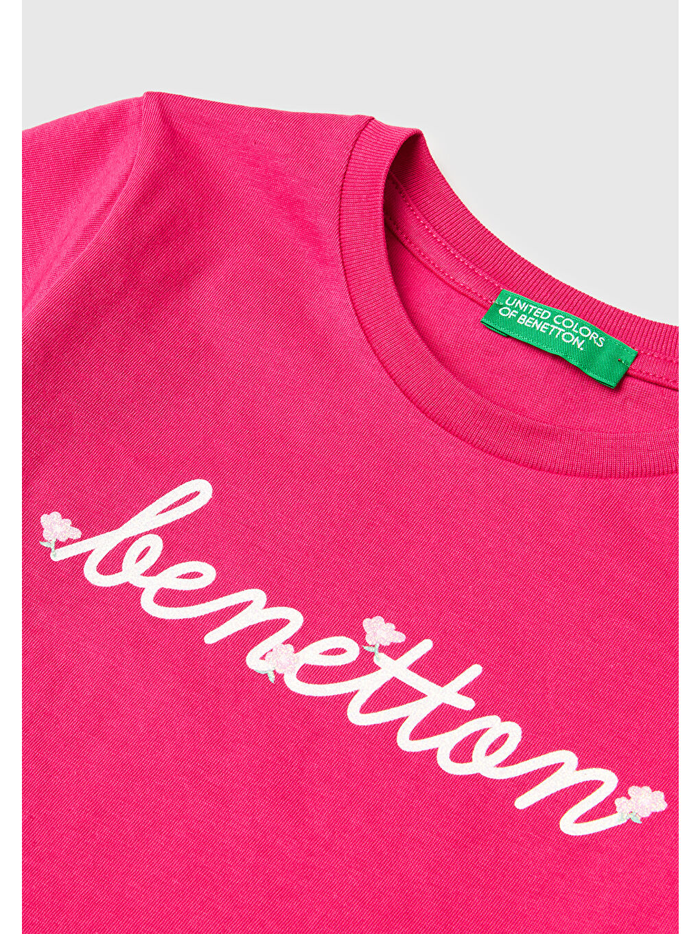 Kız Çocuk Koyu Pembe Simli Grafik Baskılı Kısa Kollu Ribanalı Yaka T-Shirt-2