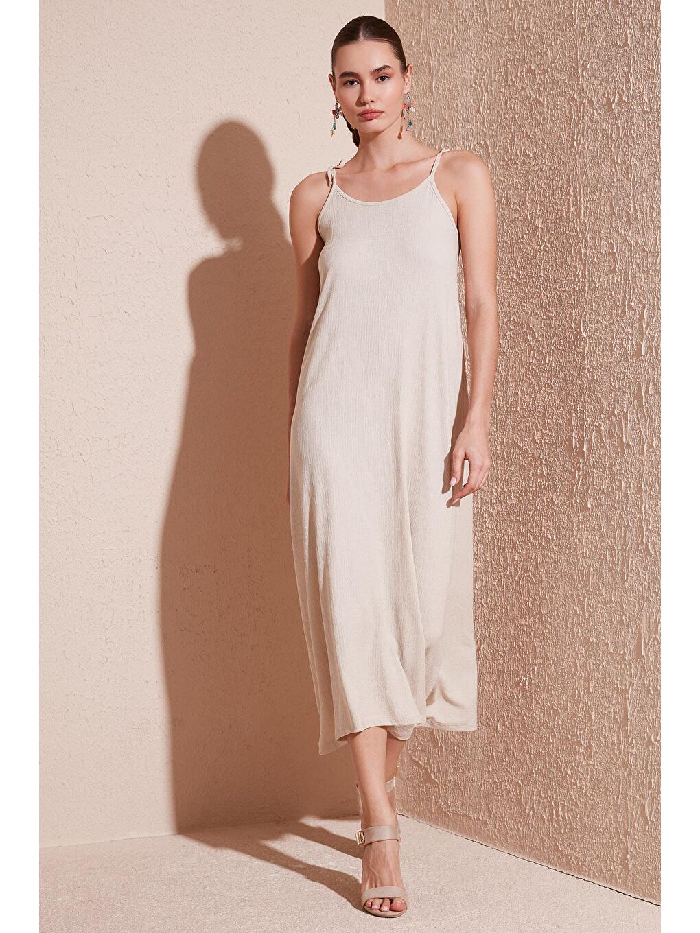 Bej Regular Fit İp Askılı Uzun Kadın Elbise 5865732-1