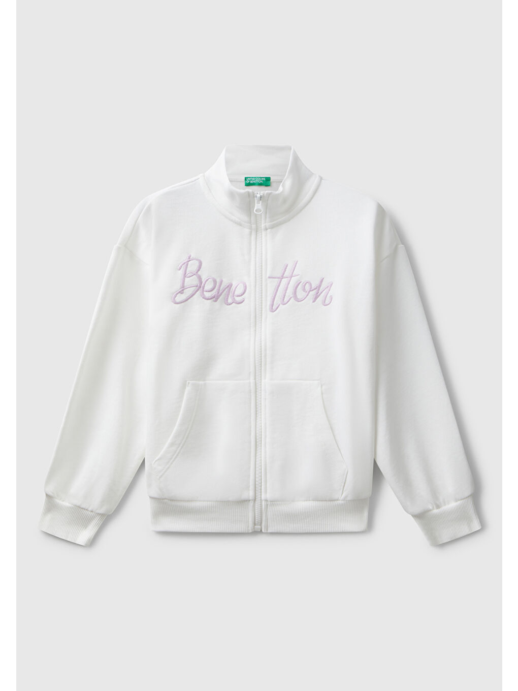 Kız Çocuk Ekru Önü Logo Nakışlı Cepli Fermuarlı Dik Yaka Sweatshirt