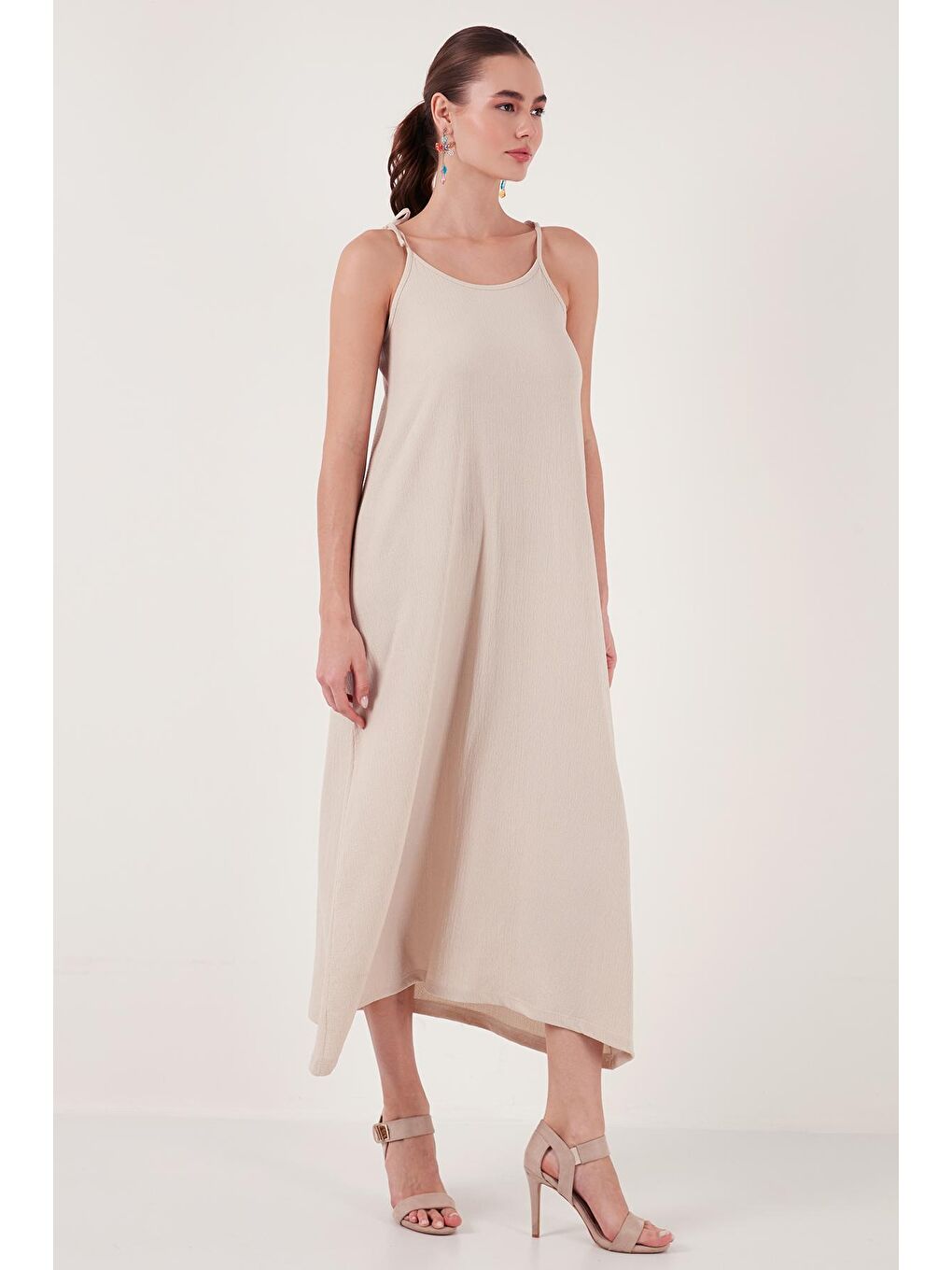 Bej Regular Fit İp Askılı Uzun Kadın Elbise 5865732-2