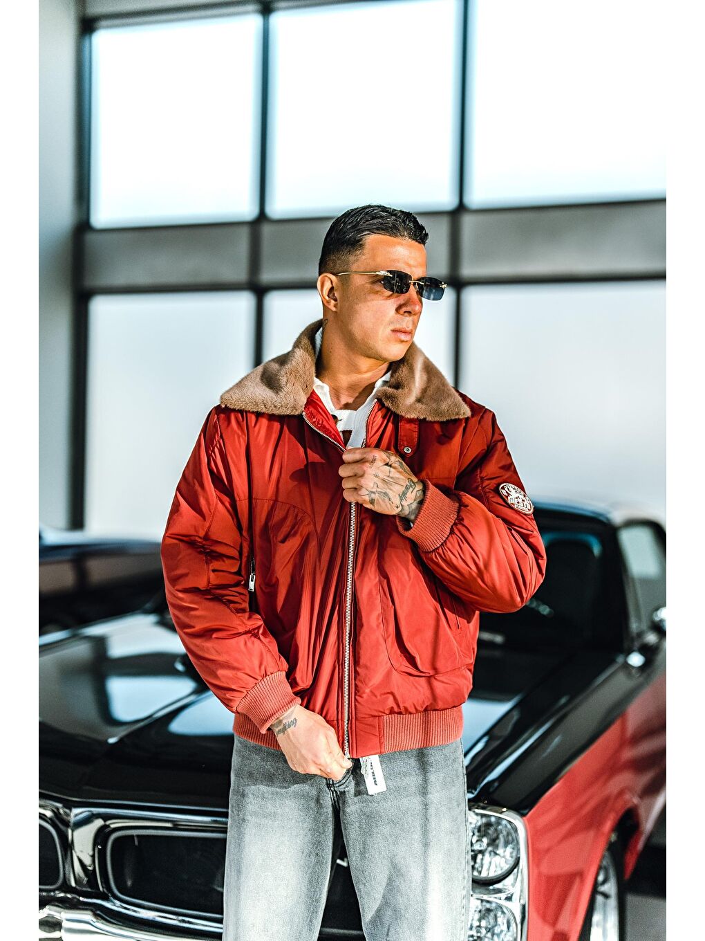 Erkek Oversize Yakalı Fermuarlı Cepli Mont Kırmızı-1