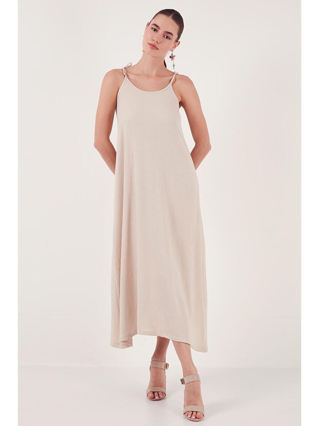 Bej Regular Fit İp Askılı Uzun Kadın Elbise 5865732-3