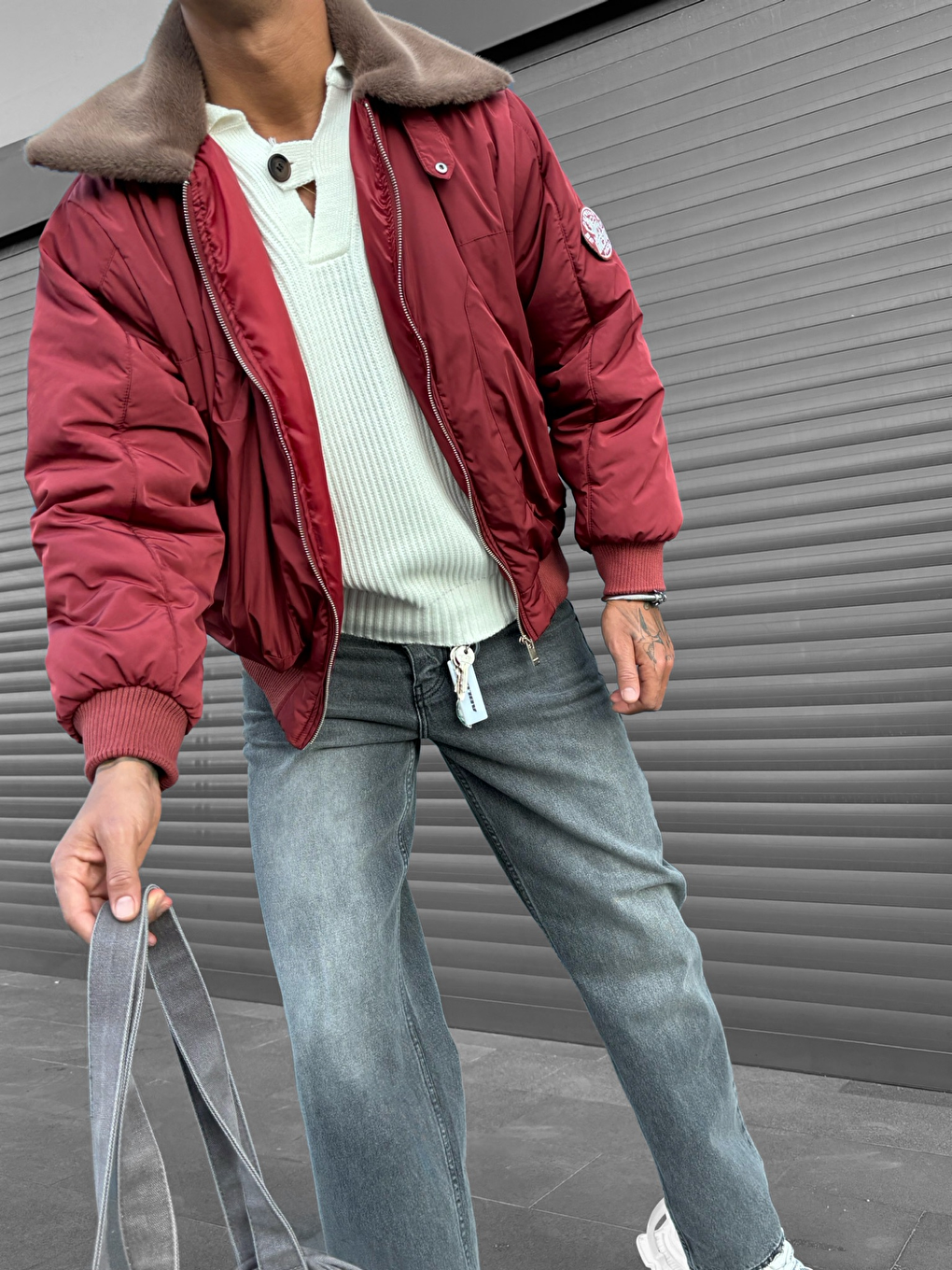 Erkek Oversize Yakalı Fermuarlı Cepli Mont Kırmızı-2