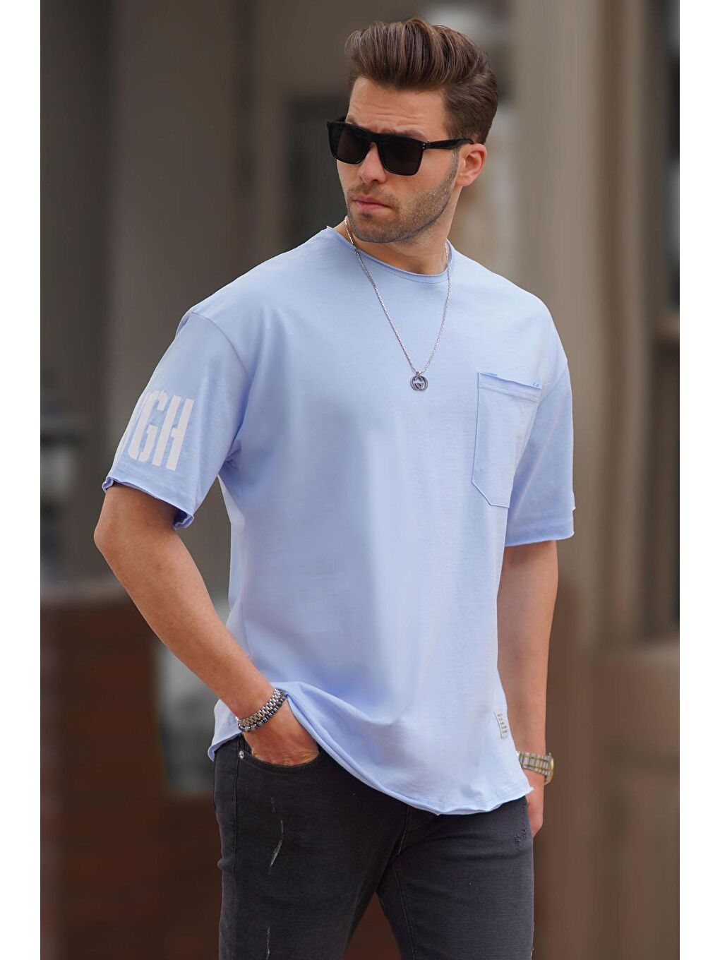Mavi Cep Detaylı Kolu Baskılı Basic Erkek %100 Pamuk Tişört 7016-1