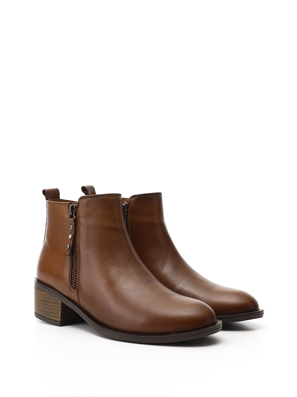 Kahverengi Kadın KAHVERENGİ-TABA Çift Fermuarlı Kalın Topuklu Hakiki Deri Bot-1