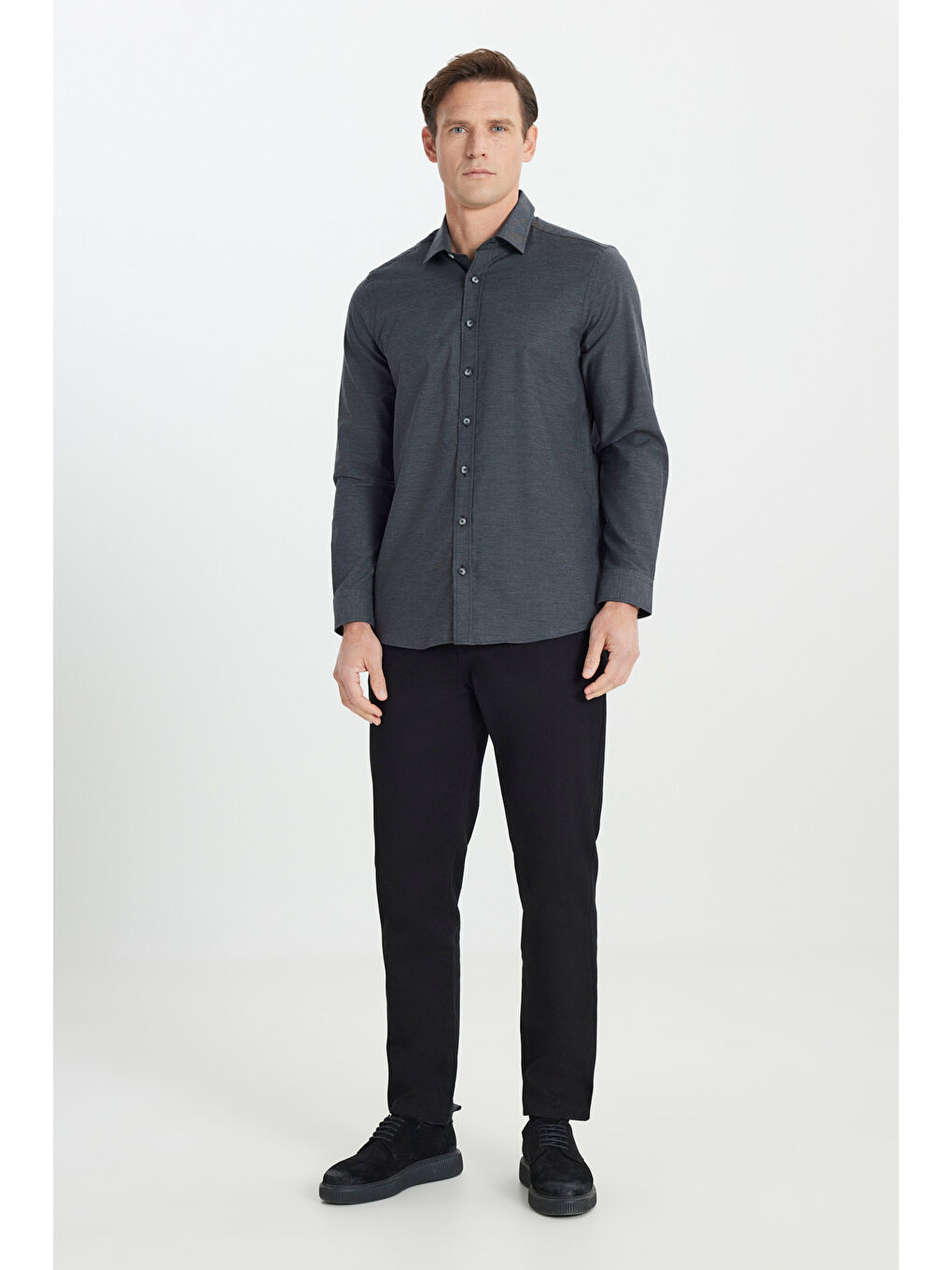 Erkek Antrasit Slim Fit Dar Kesim Klasik Yaka Flanel Gömlek-1