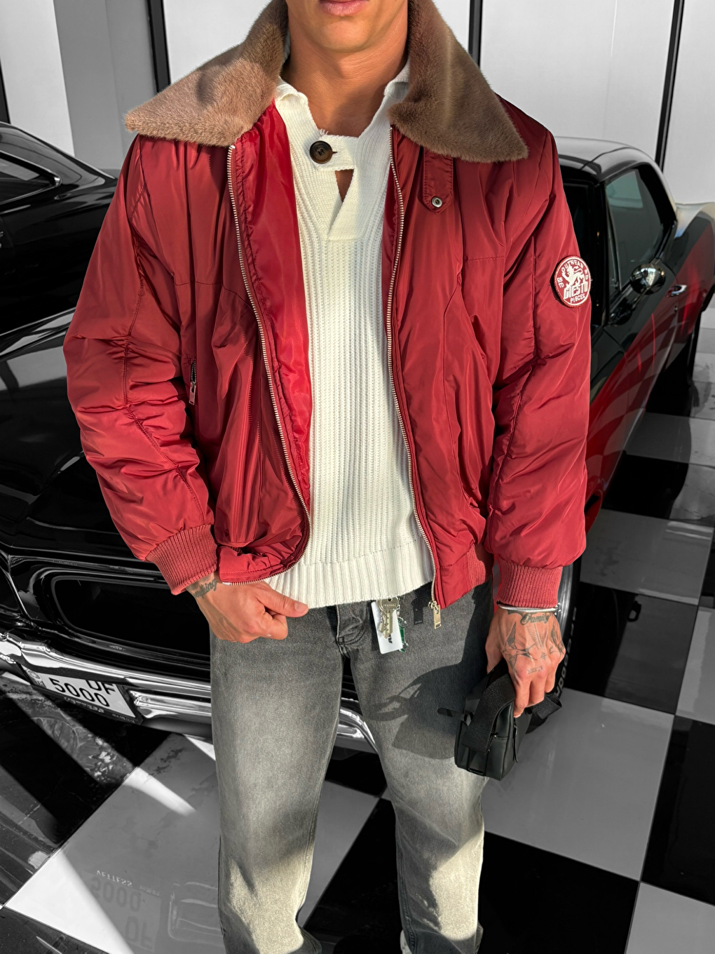 Erkek Oversize Yakalı Fermuarlı Cepli Mont Kırmızı-3