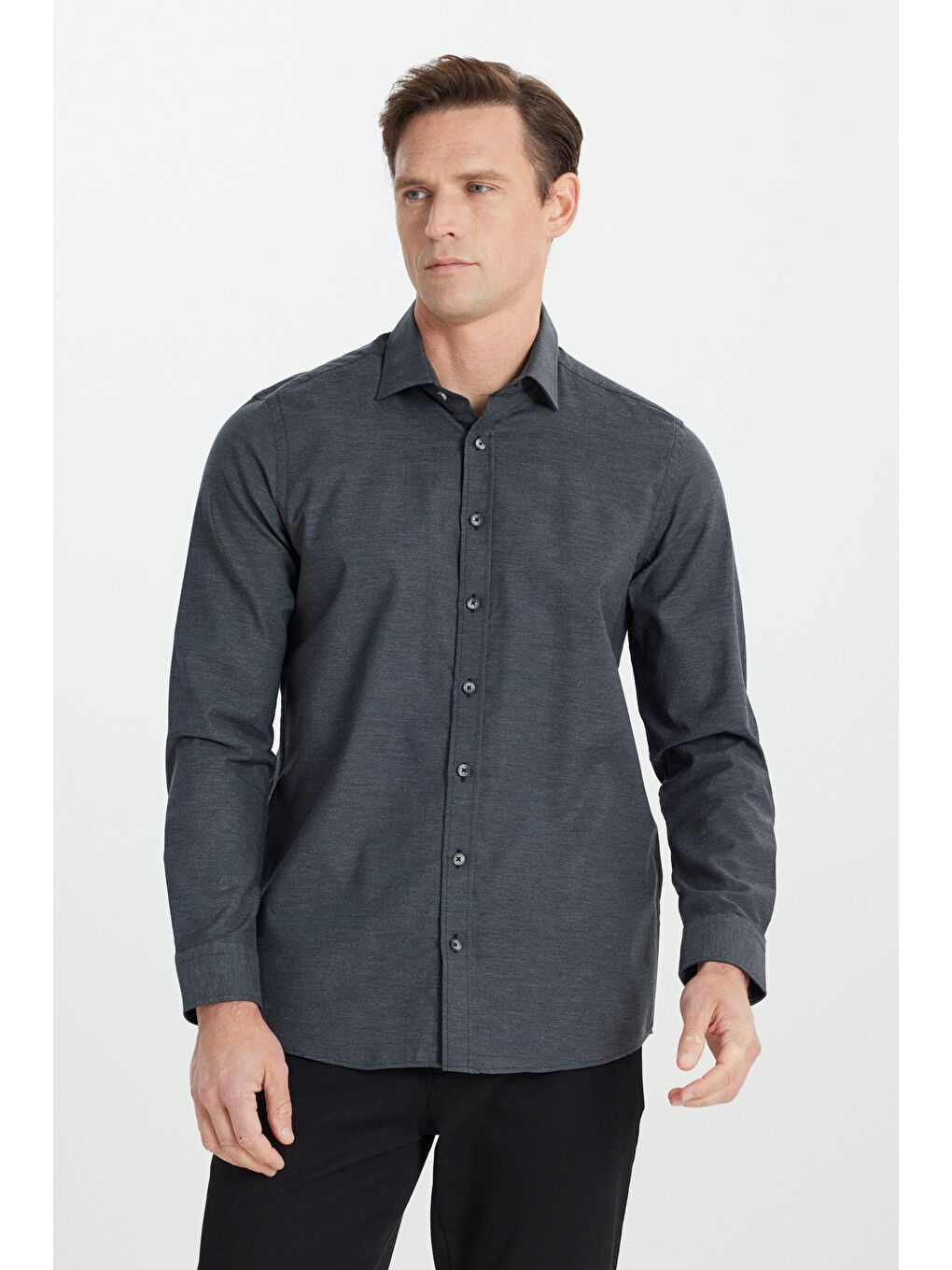 Erkek Antrasit Slim Fit Dar Kesim Klasik Yaka Flanel Gömlek-2