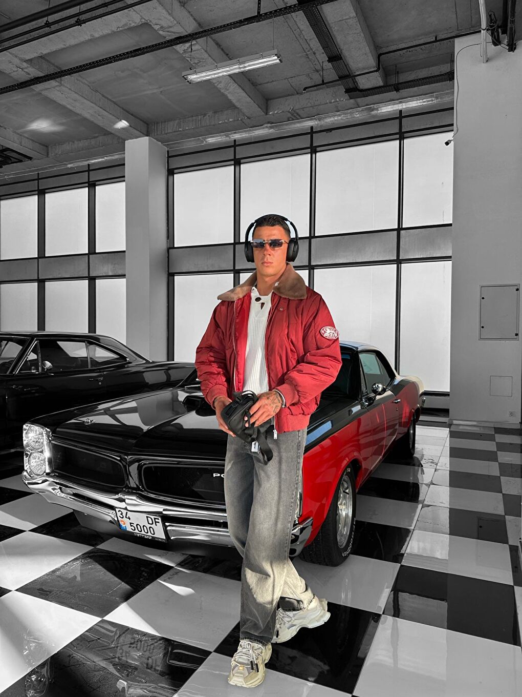 Erkek Oversize Yakalı Fermuarlı Cepli Mont Kırmızı-4