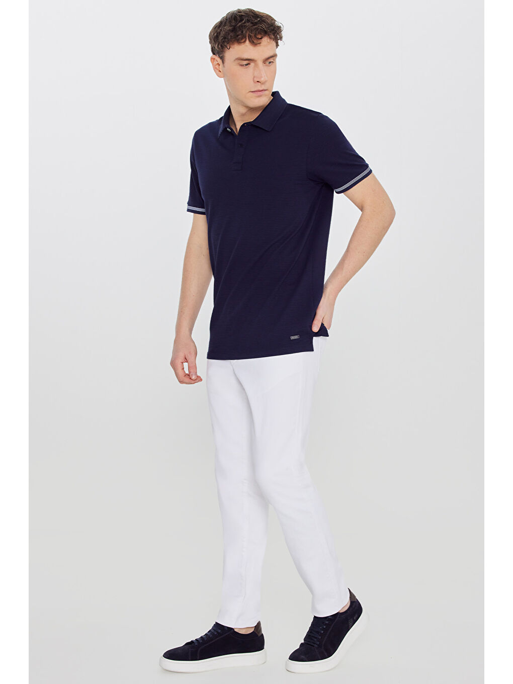 Erkek Lacivert %100 Pamuk Standart Fit Polo Yaka Jakarlı Tişört-1