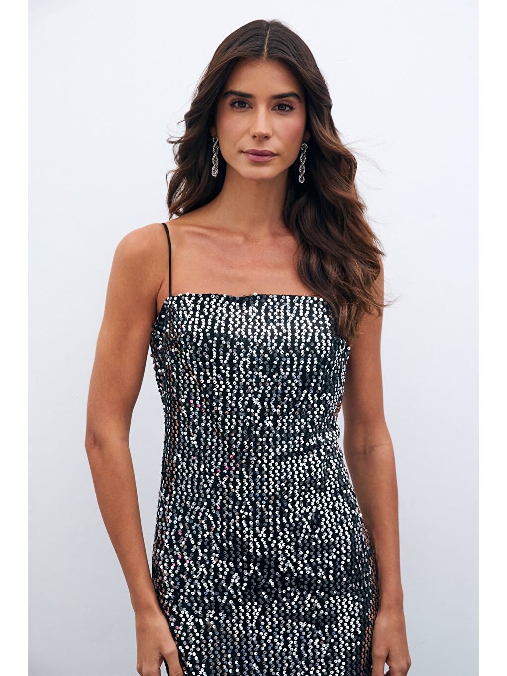 Gri Kadife Payetli Uzun Elbise - Gümüş-2